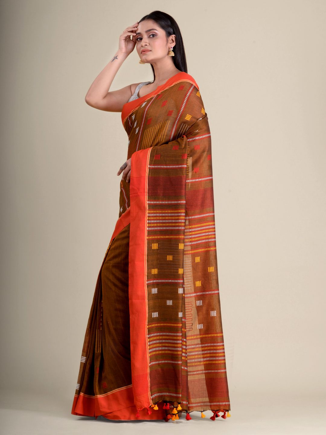 Chocolet Brown soft Cotton handwoven saree