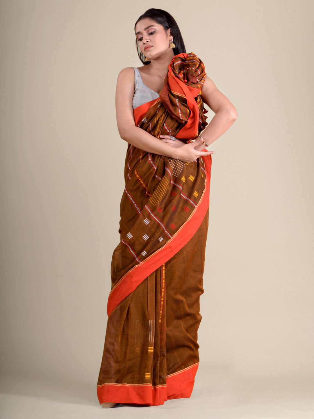 Chocolet Brown soft Cotton handwoven saree