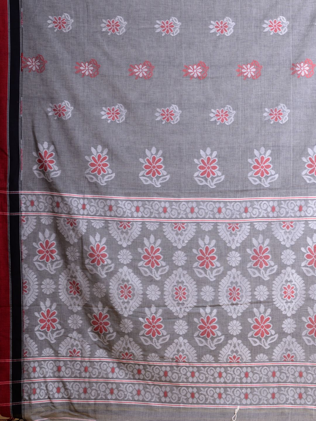 Grey handwoven soft cotton saree with floral design