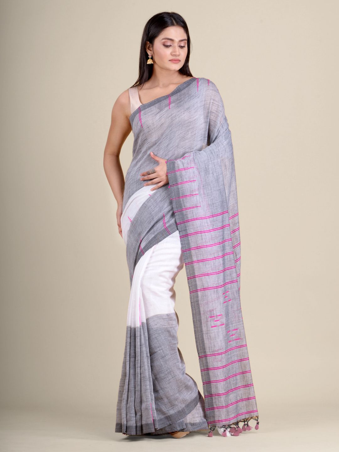 White and Grey handwoven soft cotton saree