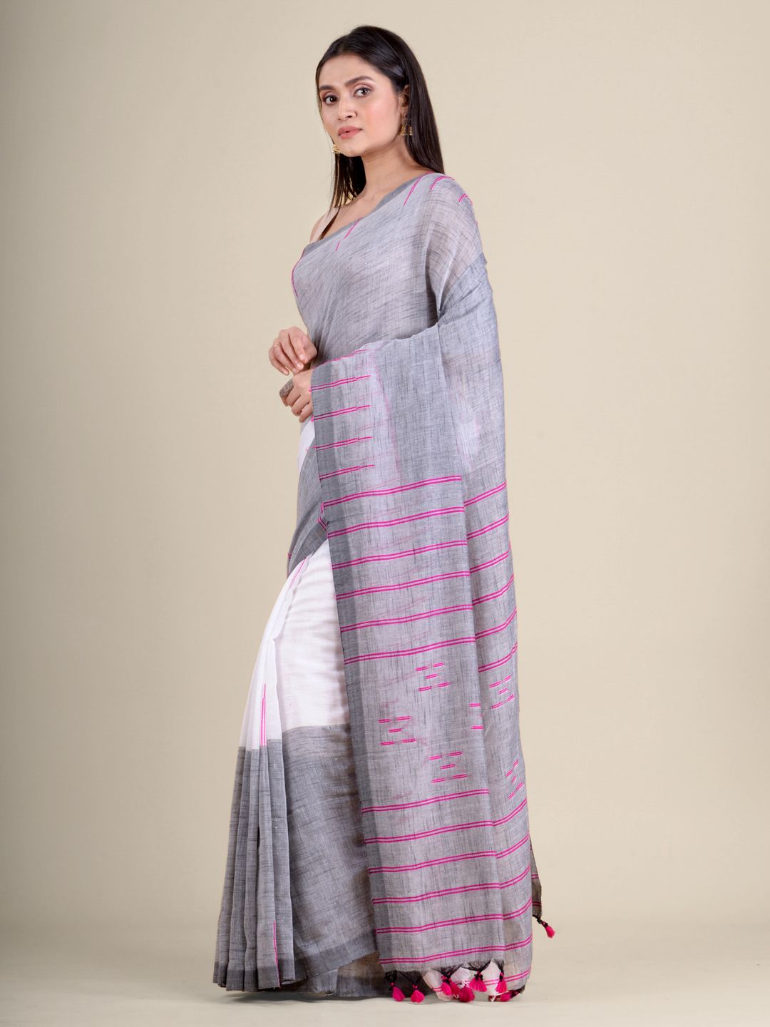 White and Grey handwoven soft cotton saree