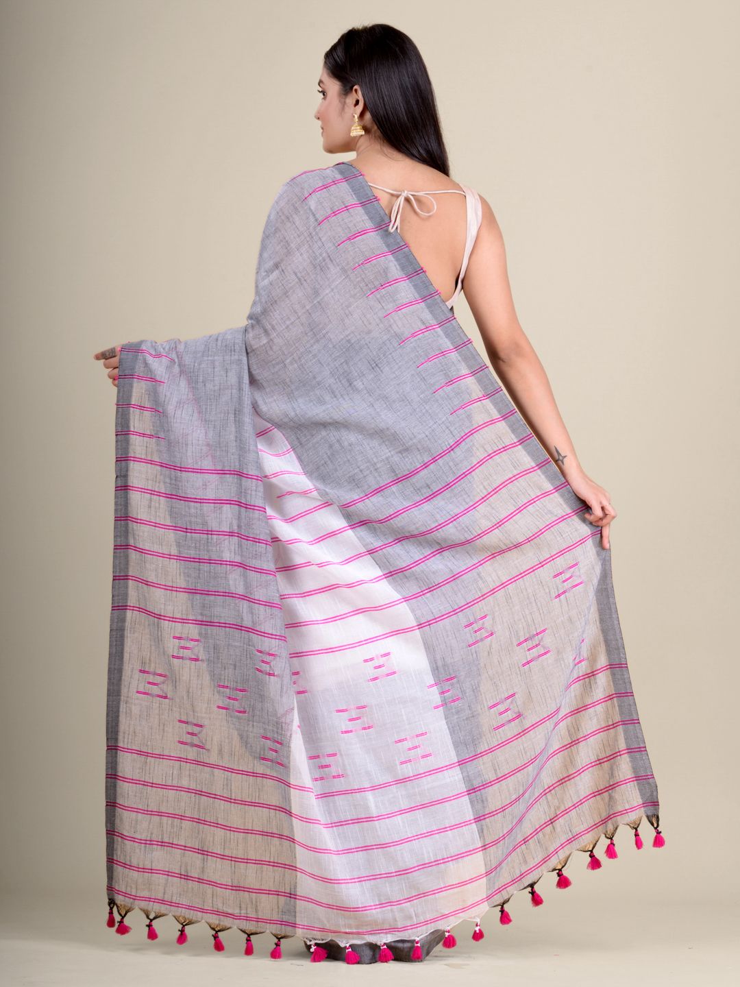 White and Grey handwoven soft cotton saree