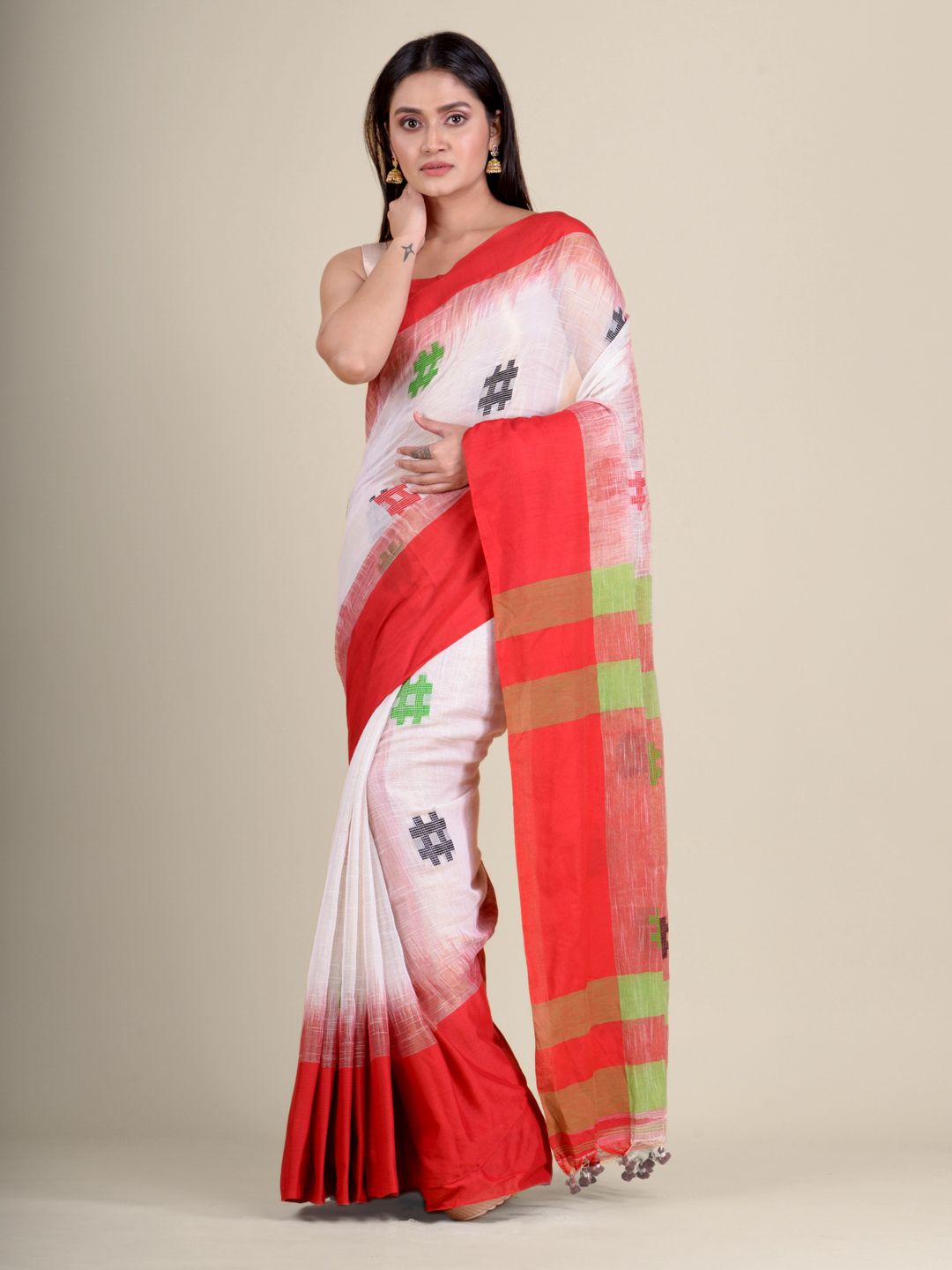 White handwoven soft cotton saree with Red border