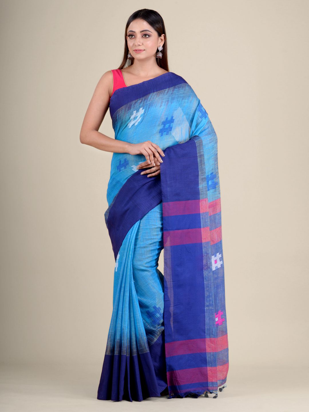 Sky Blue handwoven soft cotton saree with Navy Blue border