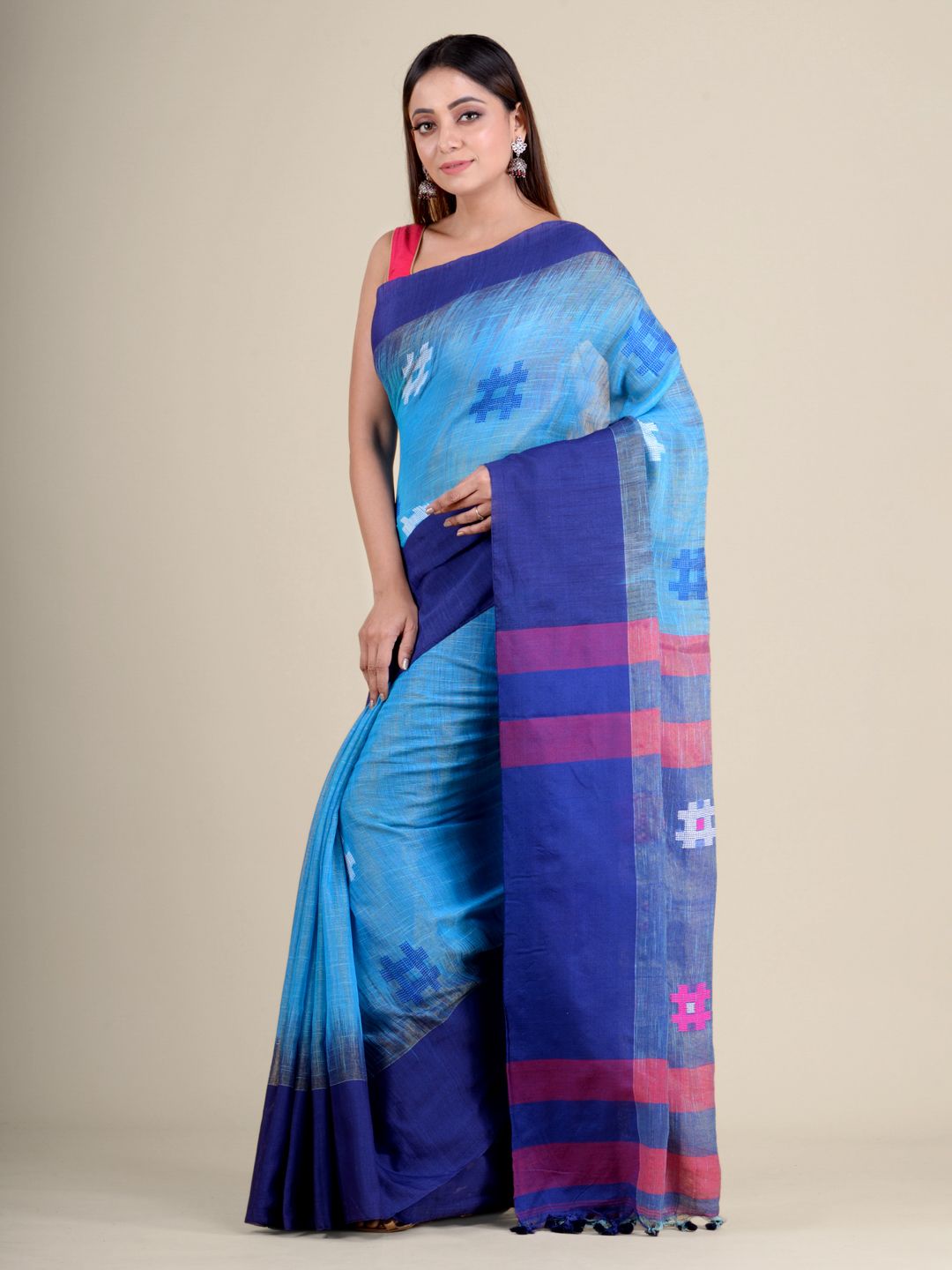 Sky Blue handwoven soft cotton saree with Navy Blue border