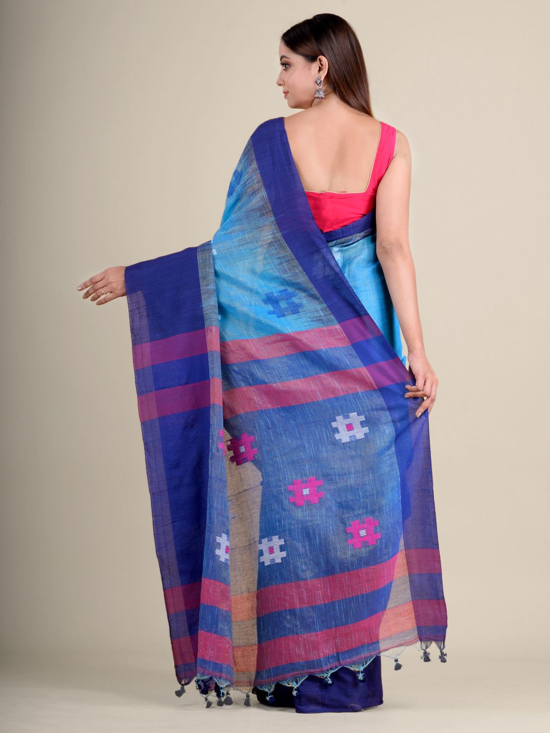 Sky Blue handwoven soft cotton saree with Navy Blue border