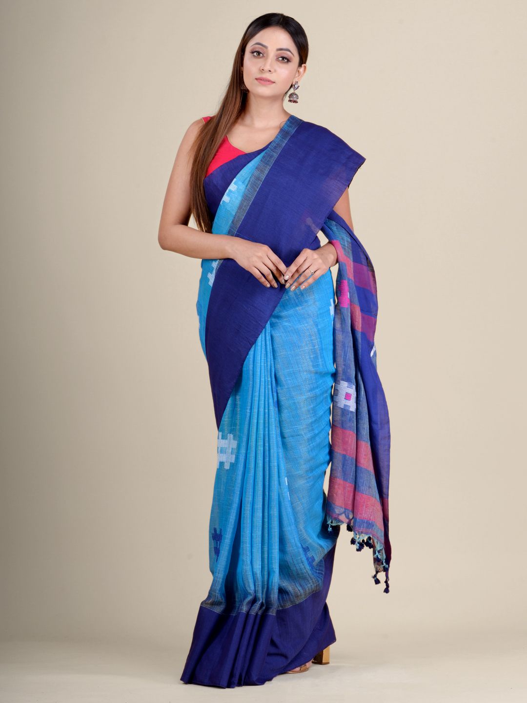 Sky Blue handwoven soft cotton saree with Navy Blue border