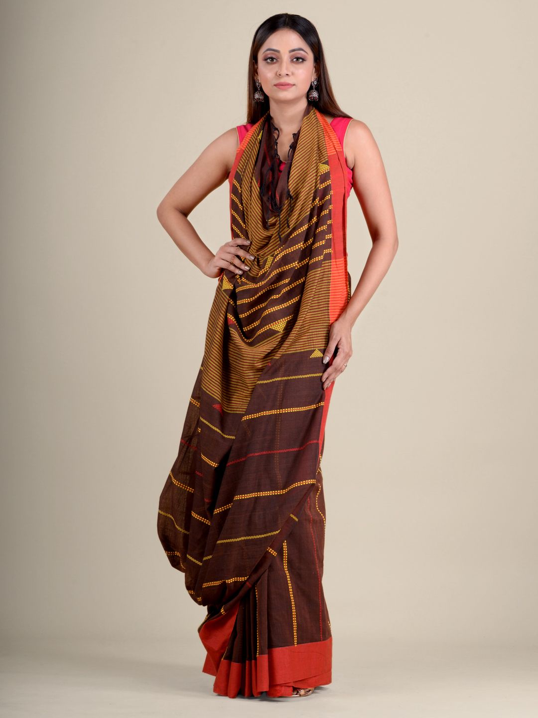 Chocolet Brown Soft Cotton Handwoven Saree with Red Border