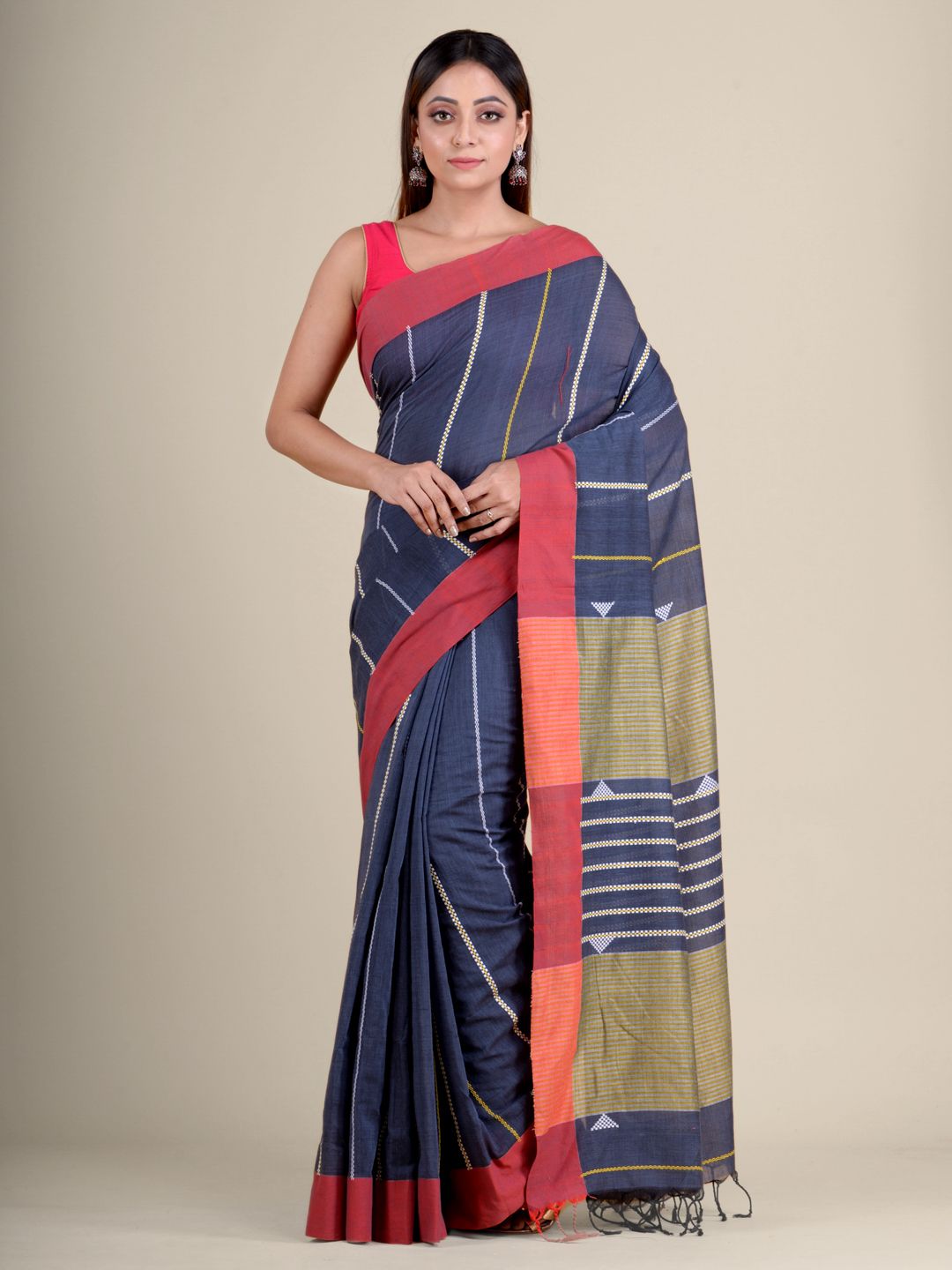 Blue soft Cotton handwoven saree with Red Border