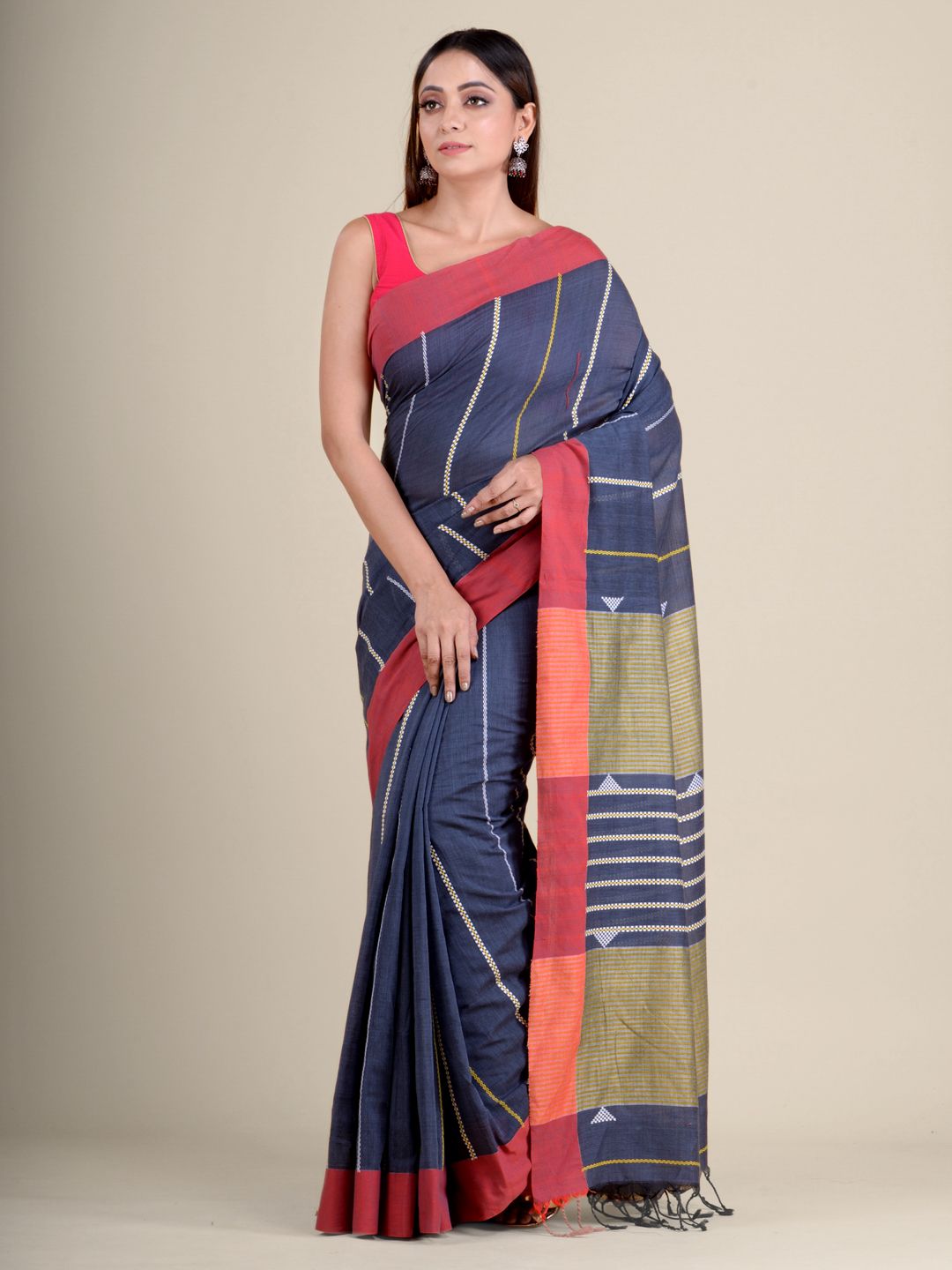 Blue soft Cotton handwoven saree with Red Border