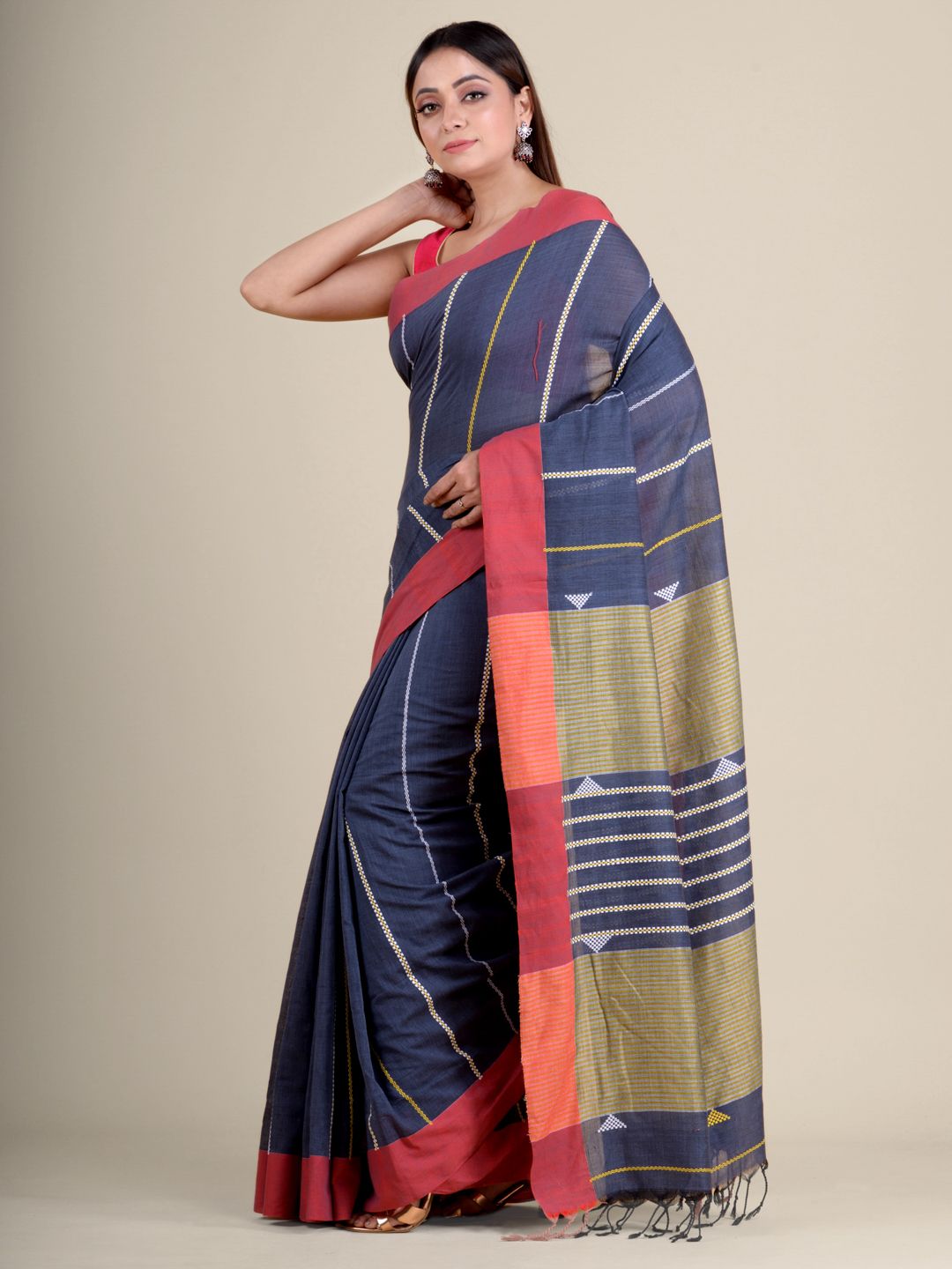 Blue soft Cotton handwoven saree with Red Border