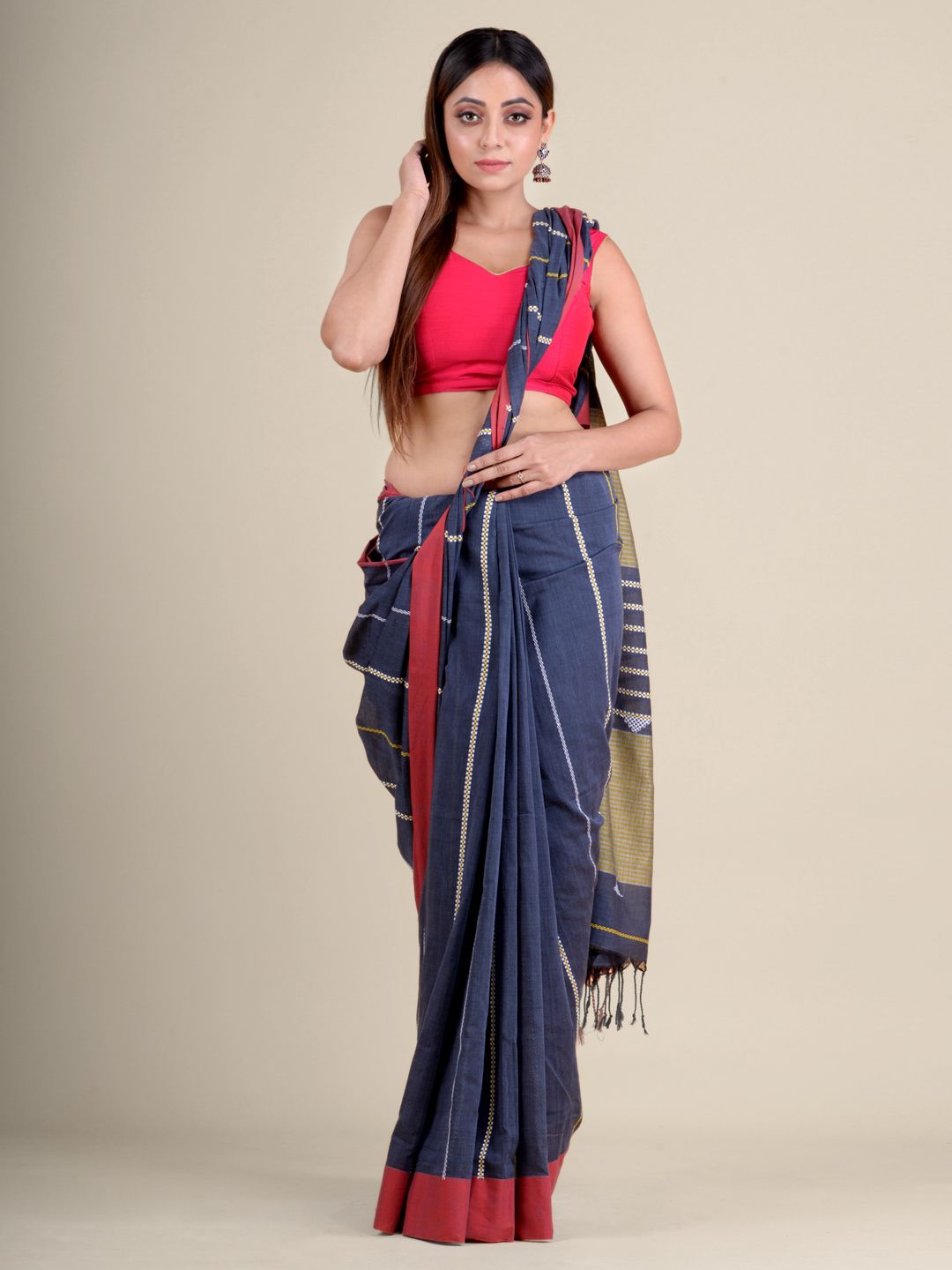 Blue soft Cotton handwoven saree with Red Border