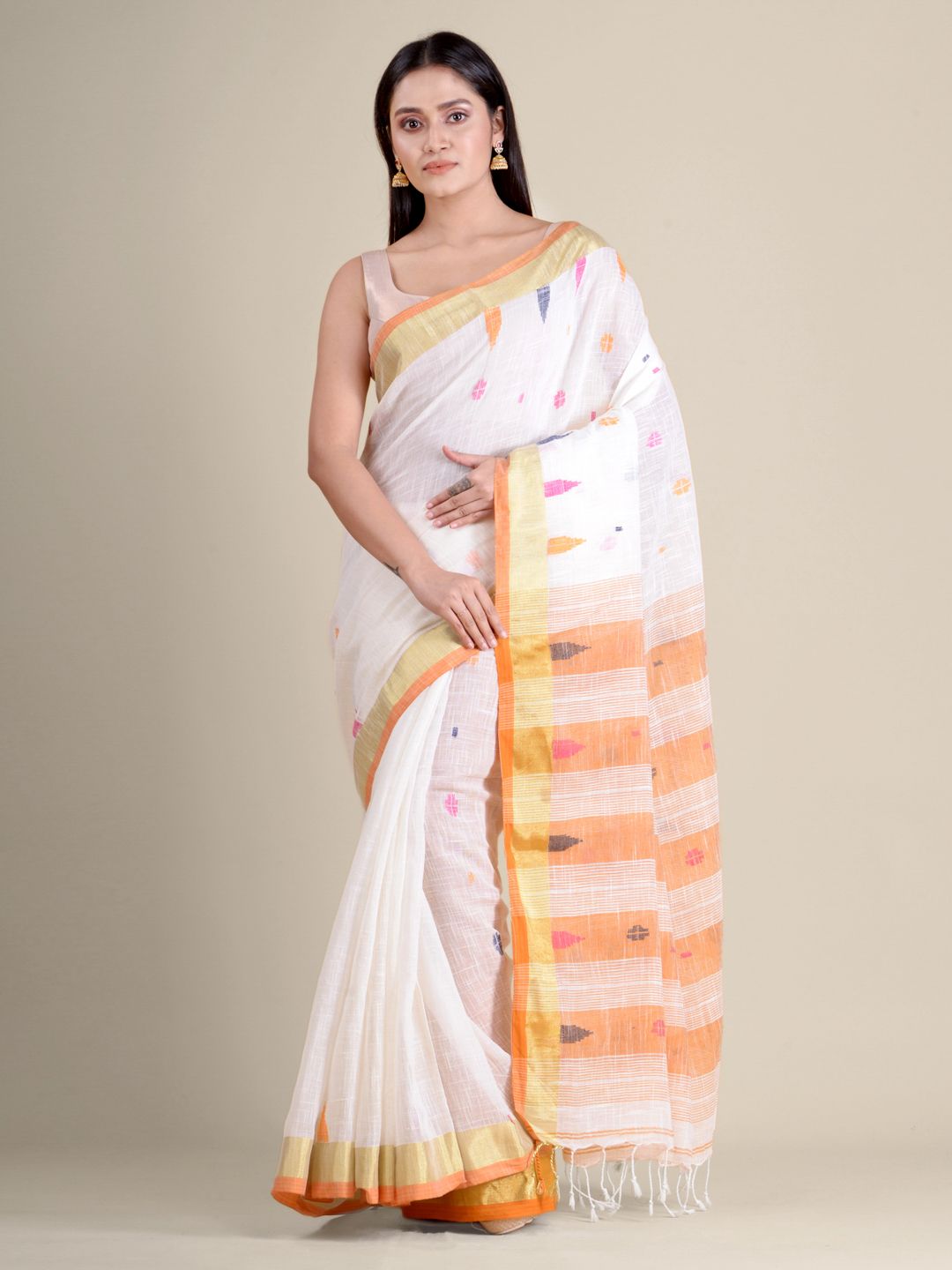 White soft Cotton handwoven saree with Orange pallu