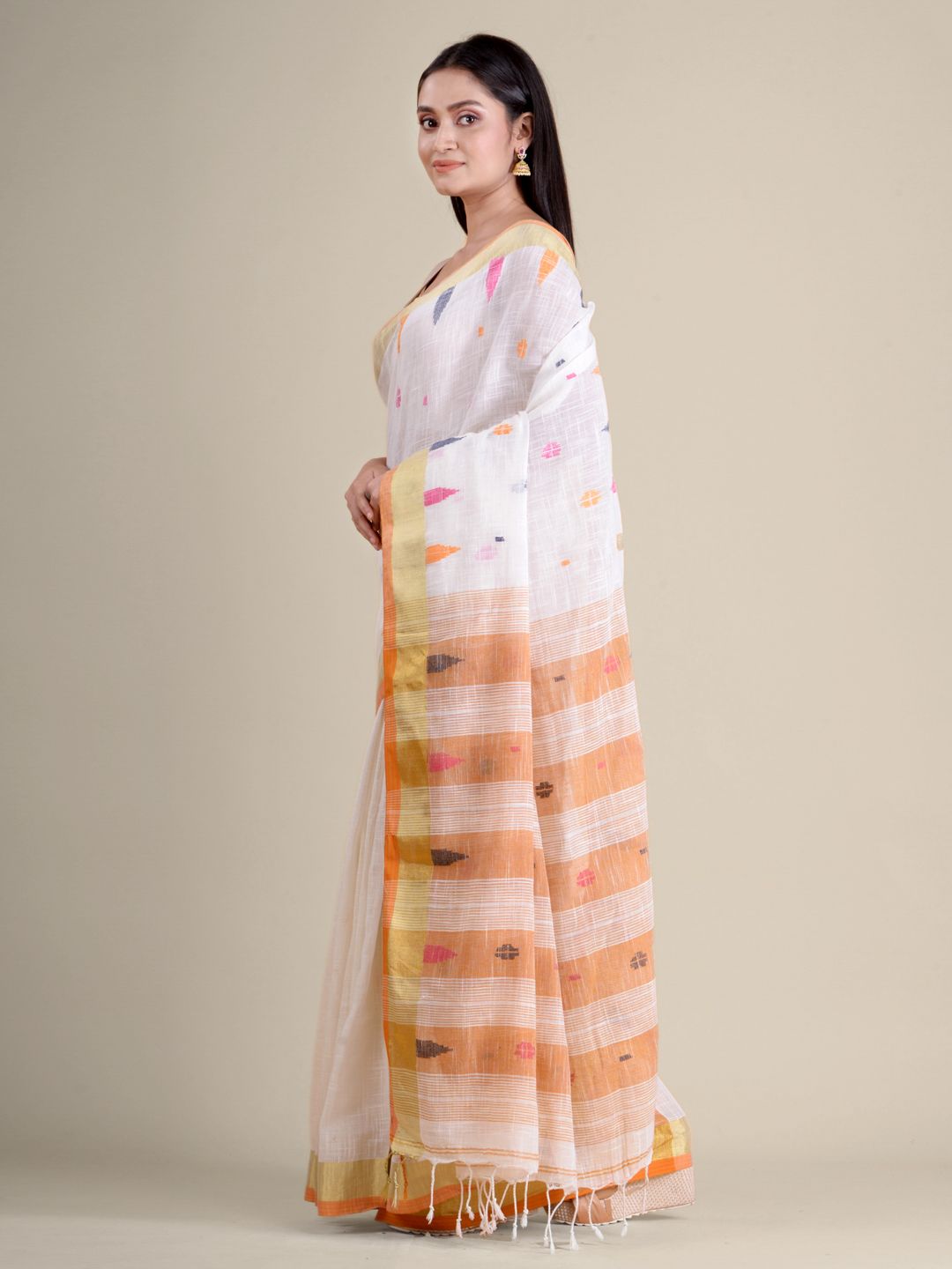 White soft Cotton handwoven saree with Orange pallu