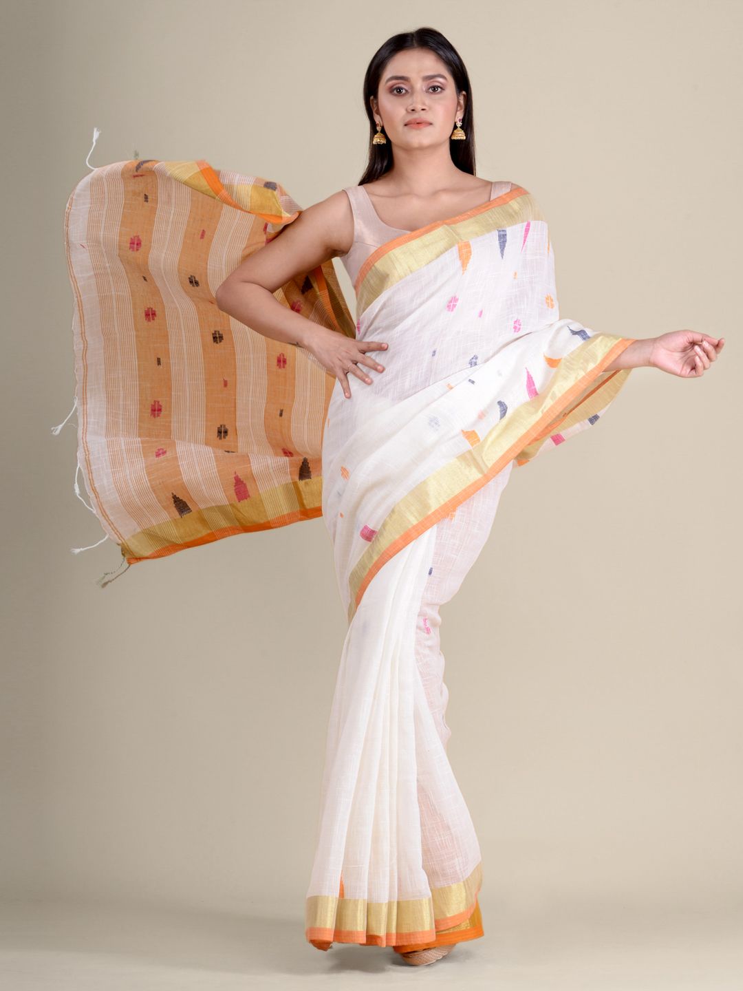 White soft Cotton handwoven saree with Orange pallu