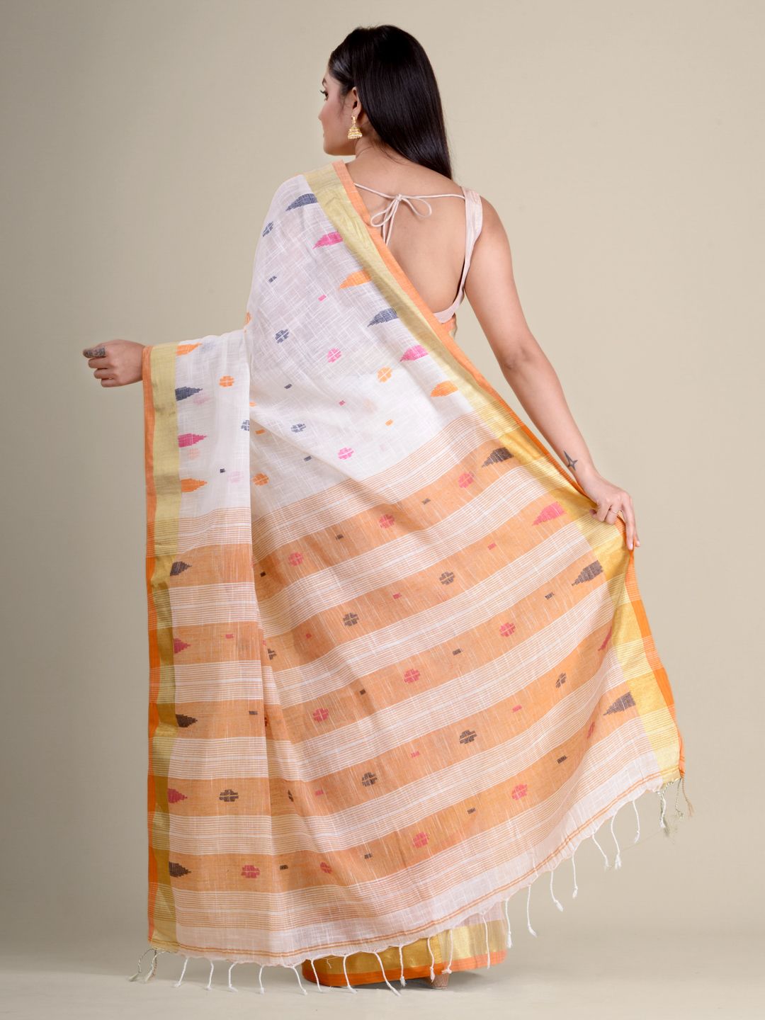 White soft Cotton handwoven saree with Orange pallu