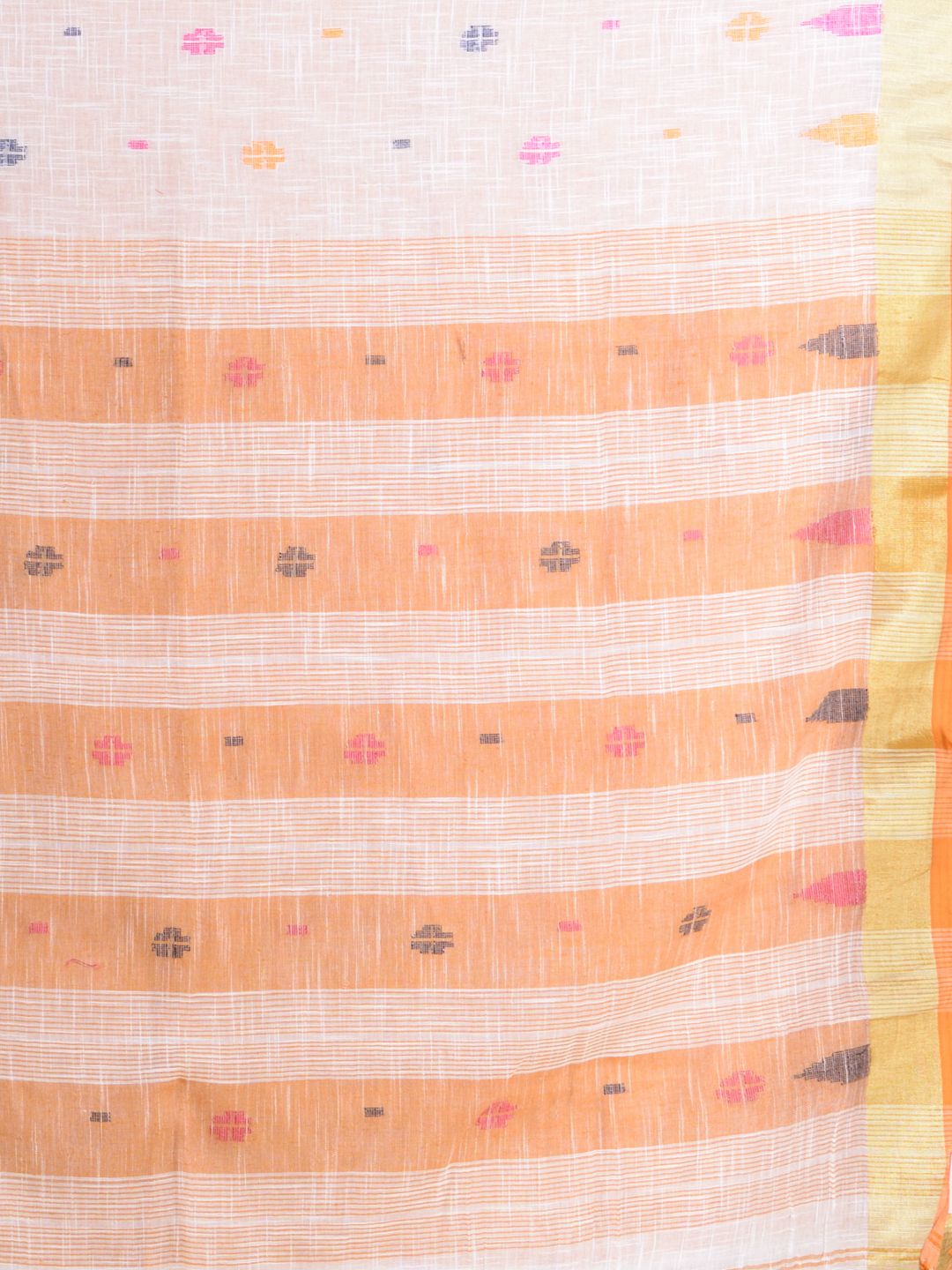 White soft Cotton handwoven saree with Orange pallu