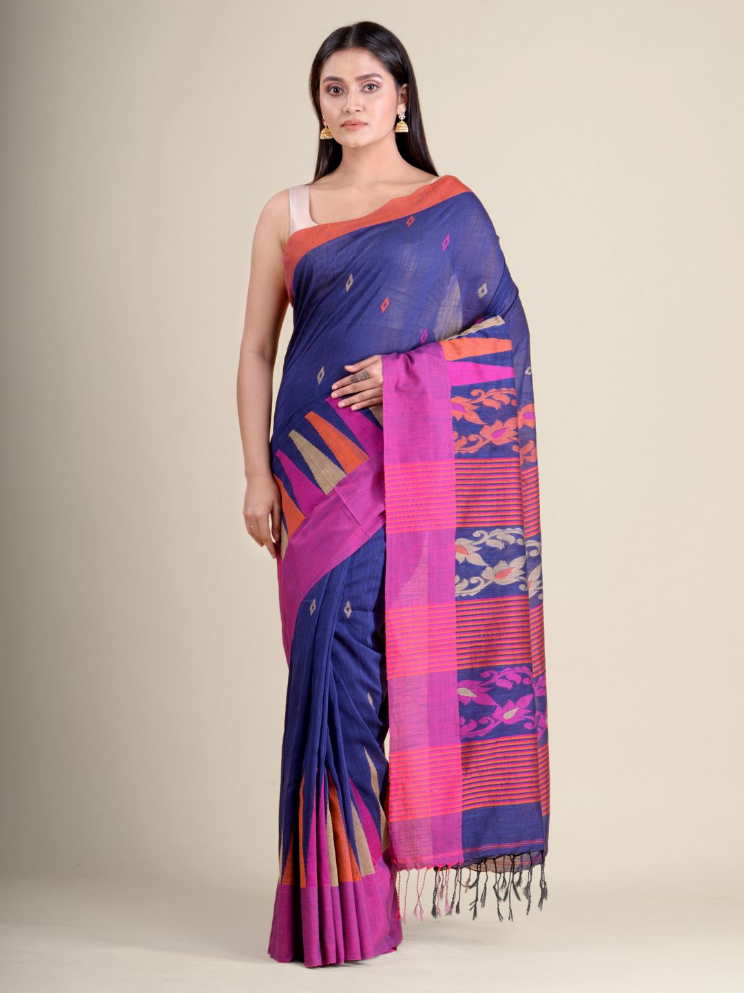 Blue soft Cotton handwoven saree with Pink border