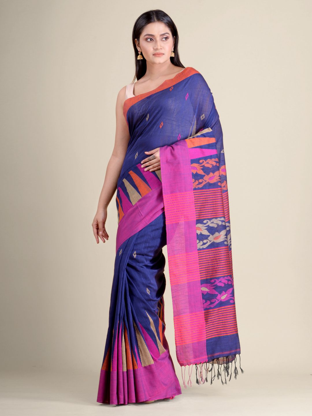 Blue soft Cotton handwoven saree with Pink border