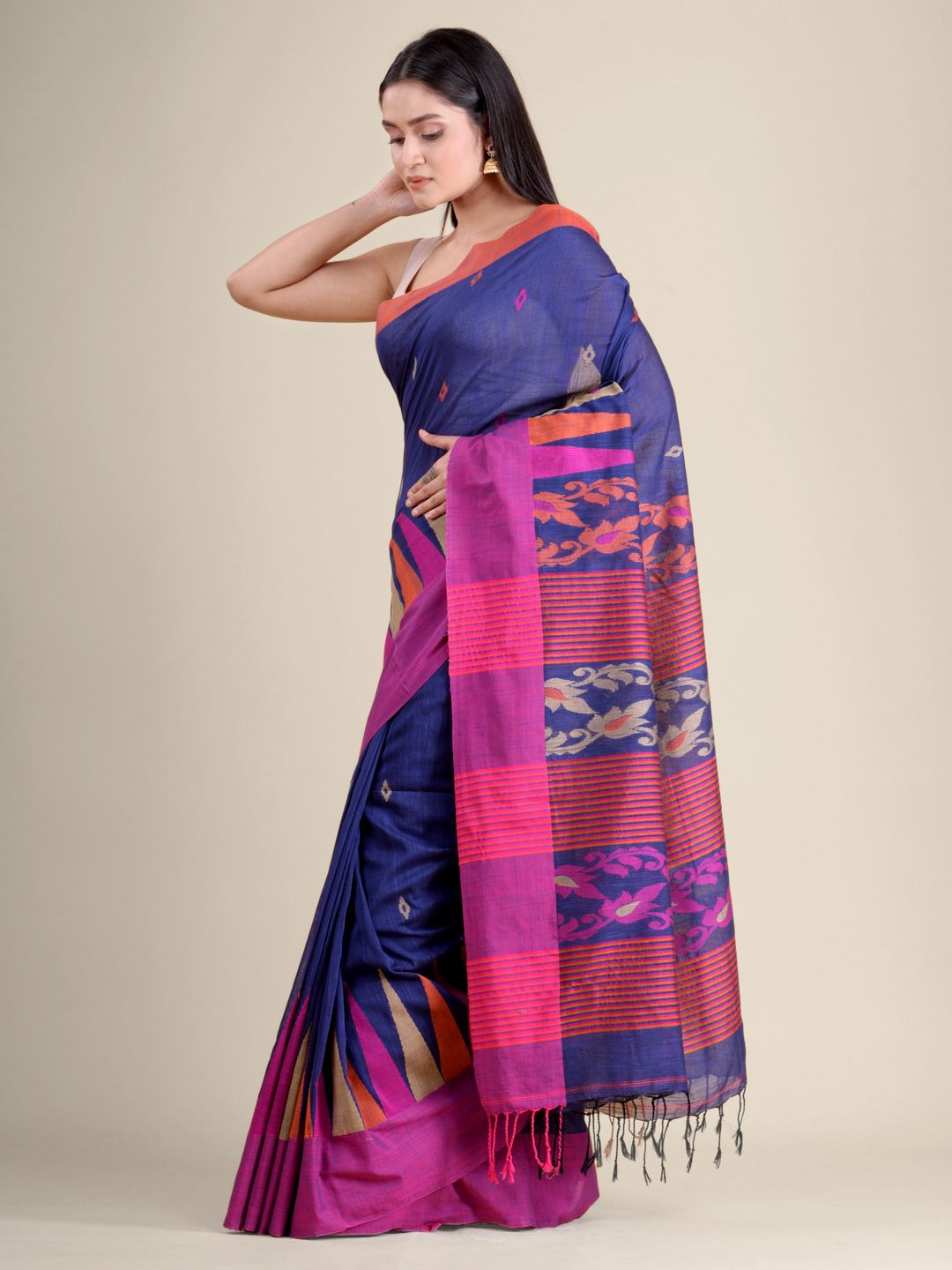 Blue soft Cotton handwoven saree with Pink border