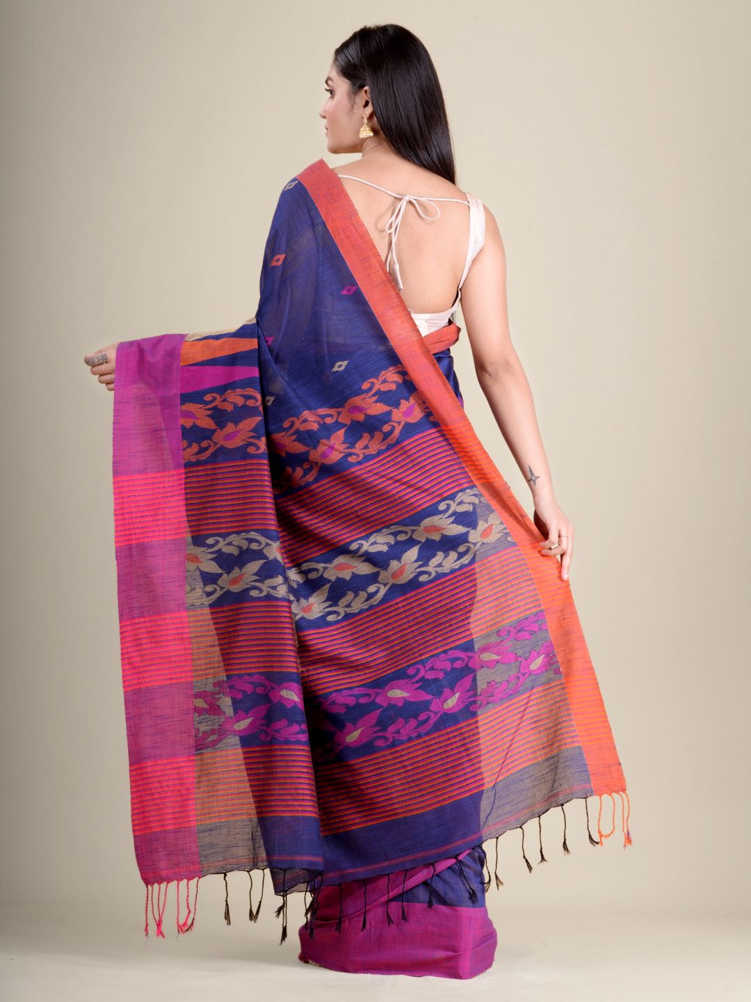 Blue soft Cotton handwoven saree with Pink border