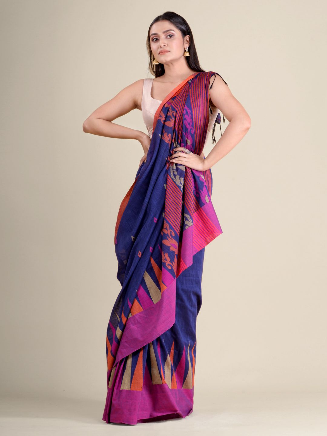 Blue soft Cotton handwoven saree with Pink border