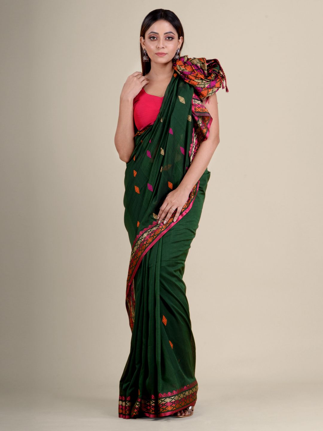 Green soft Cotton handwoven saree with allover buti