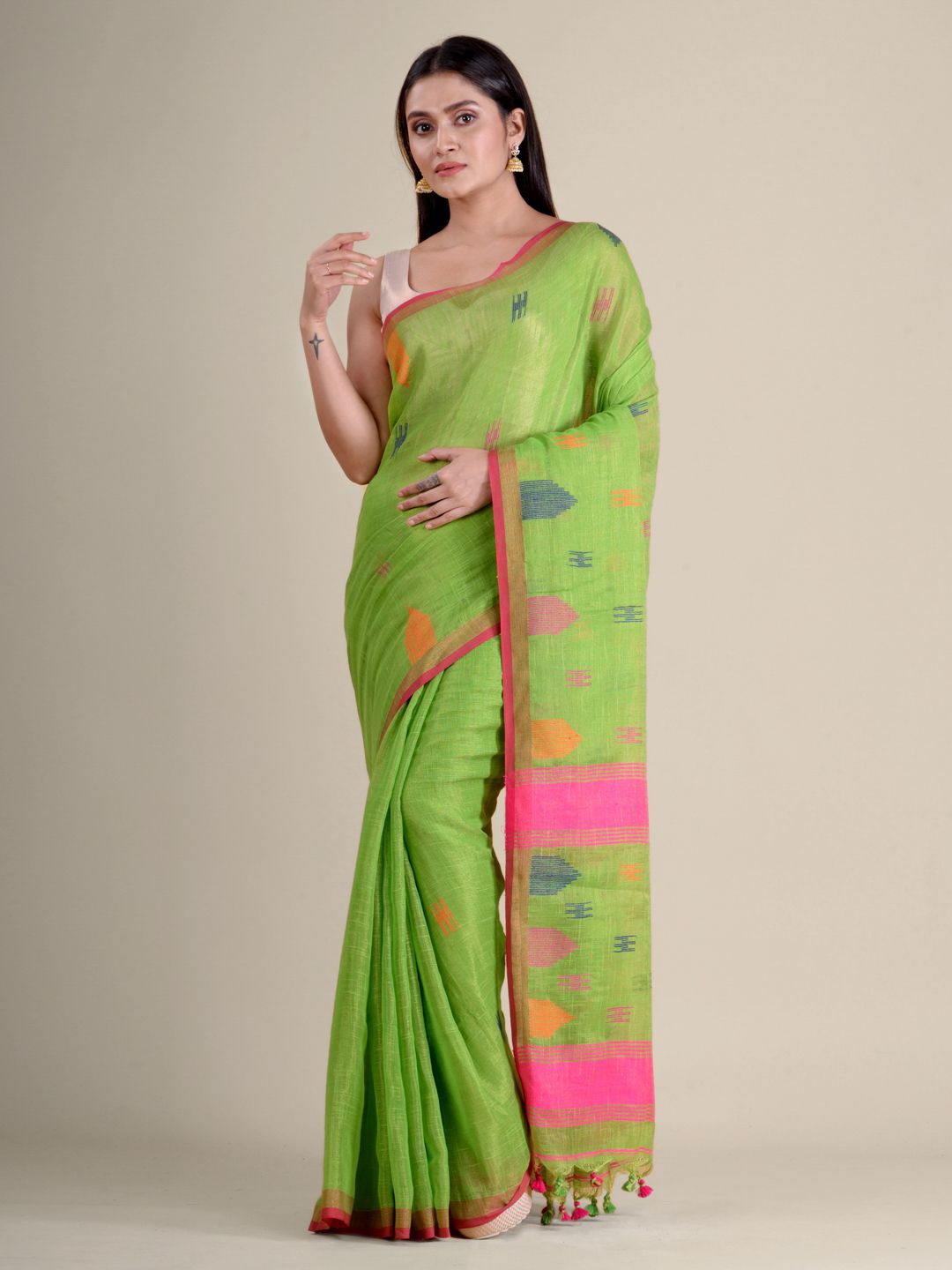 Light Green soft Cotton handwoven saree with temple border