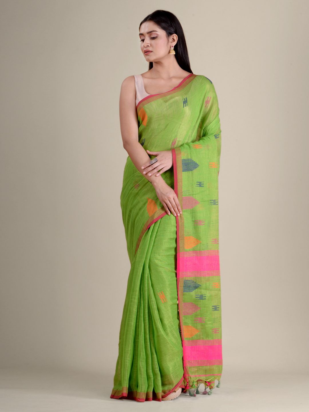 Light Green soft Cotton handwoven saree with temple border