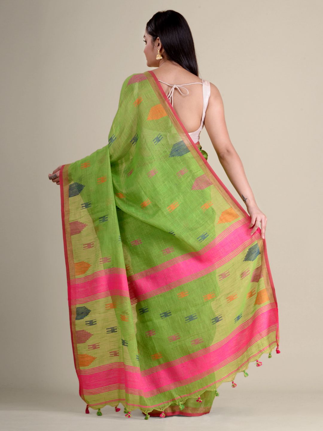 Light Green soft Cotton handwoven saree with temple border