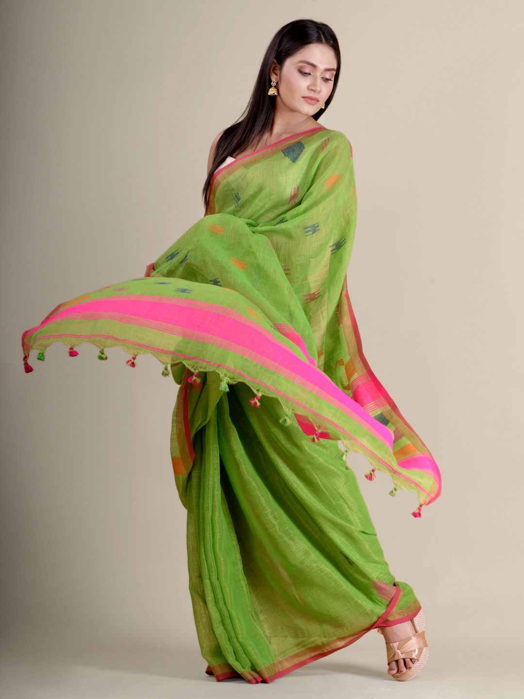 Light Green soft Cotton handwoven saree with temple border