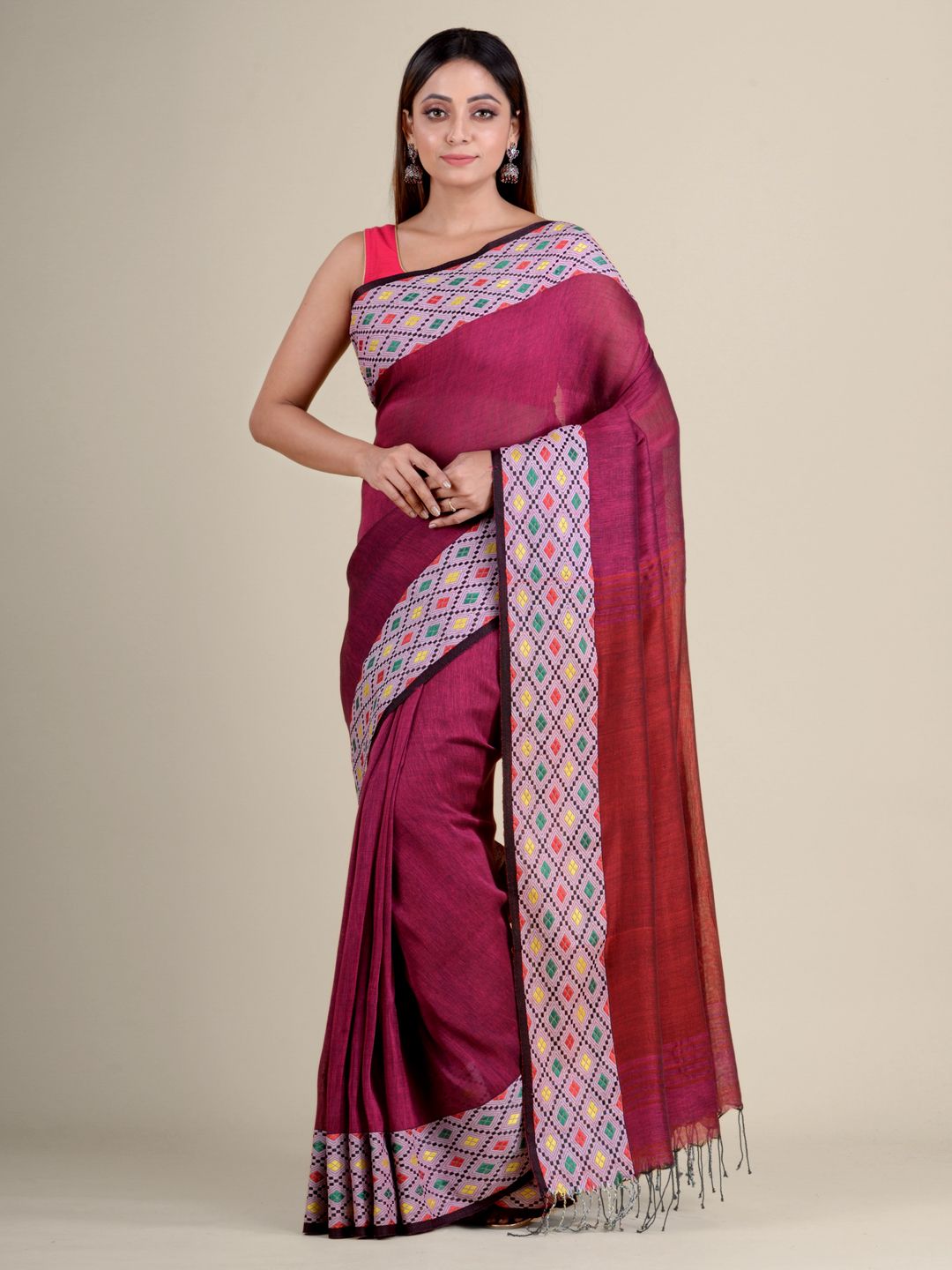 Magenta soft Cotton handwoven saree with geomatric border