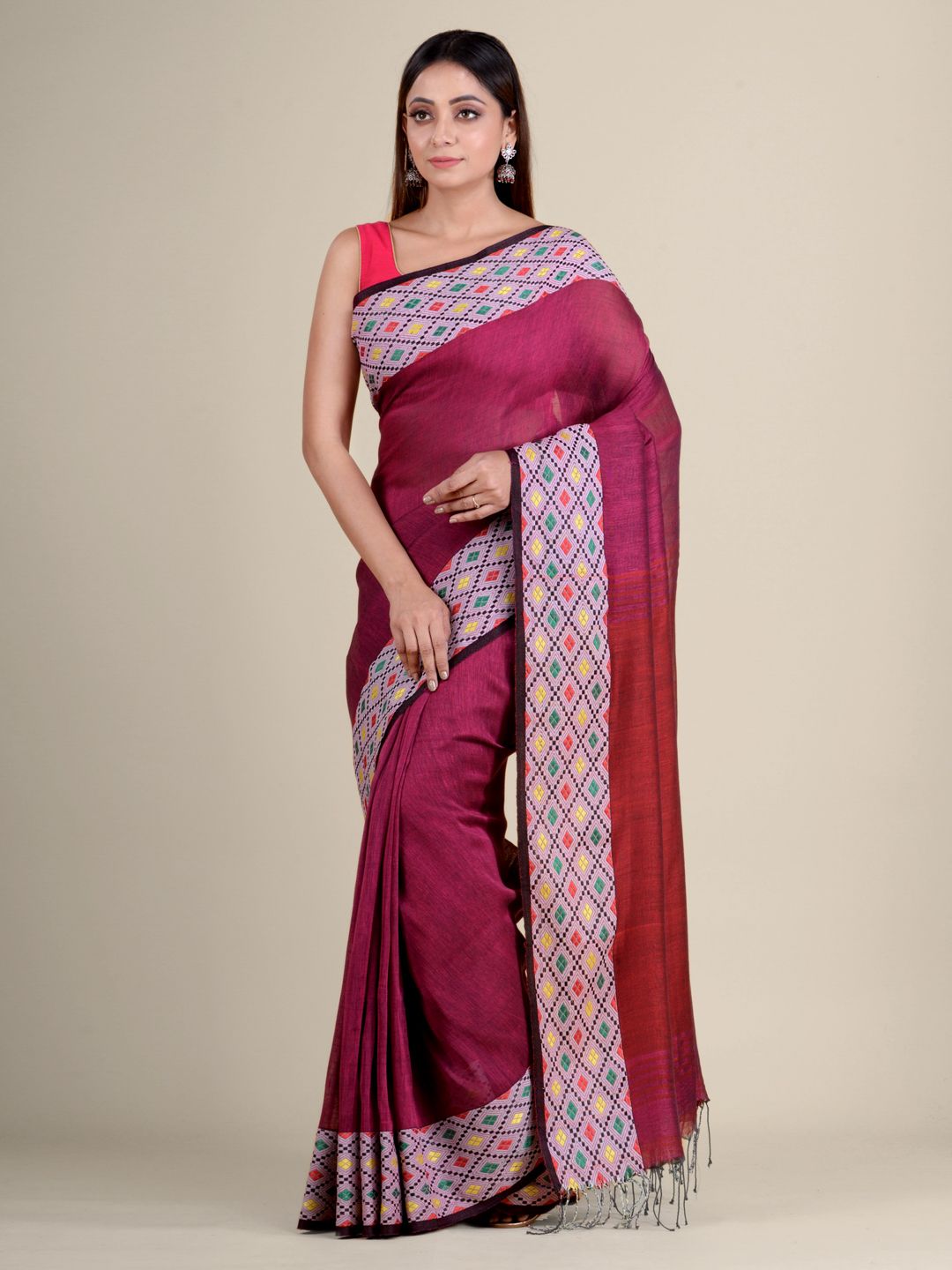 Magenta soft Cotton handwoven saree with geomatric border