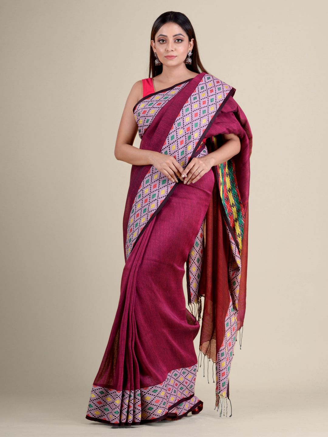 Magenta soft Cotton handwoven saree with geomatric border