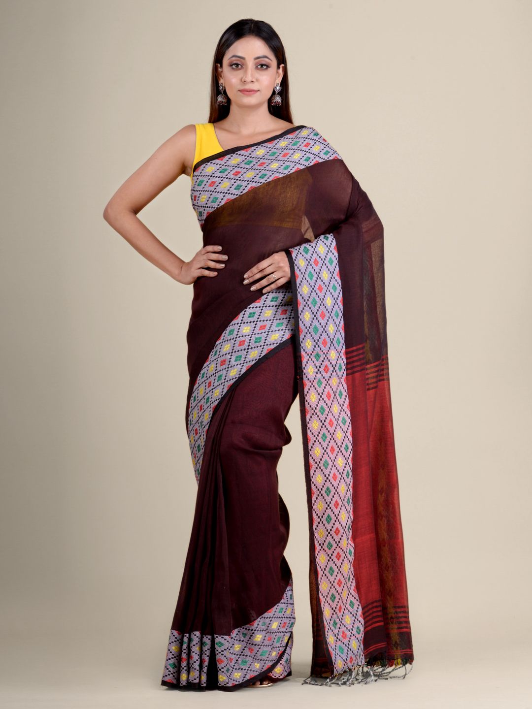 Brown soft Cotton handwoven saree with geomatric border