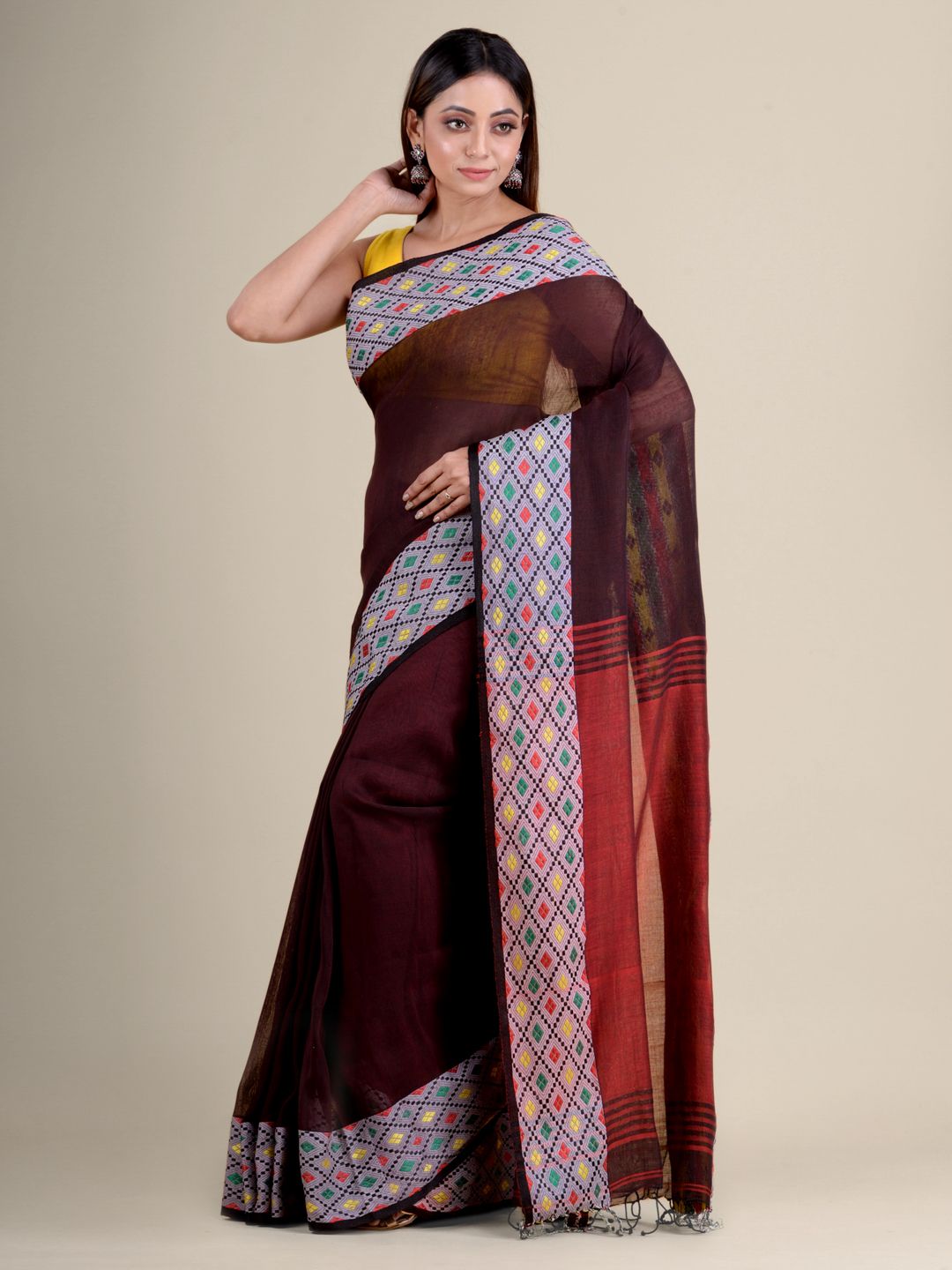 Brown soft Cotton handwoven saree with geomatric border