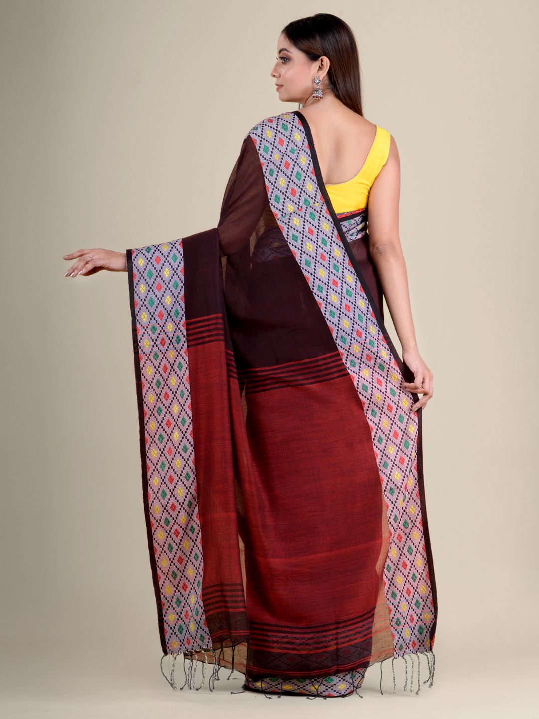 Brown soft Cotton handwoven saree with geomatric border