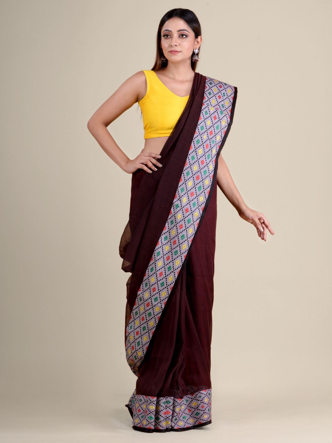 Brown soft Cotton handwoven saree with geomatric border