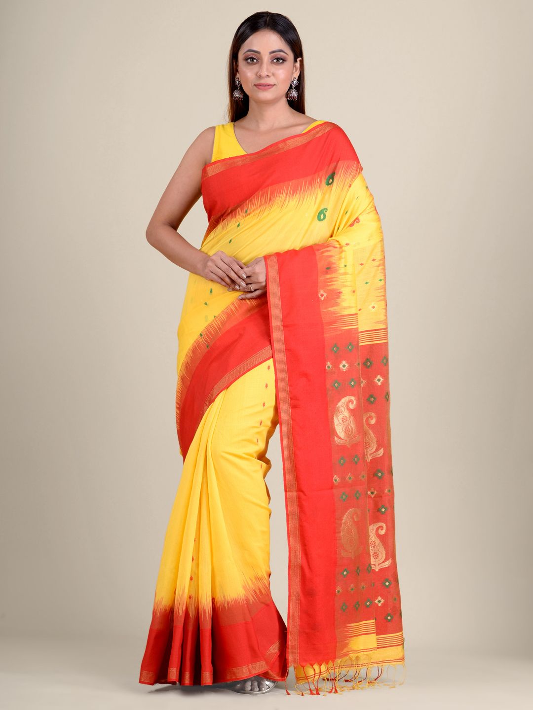 Yellow hand woven soft cotton saree with Red pallu