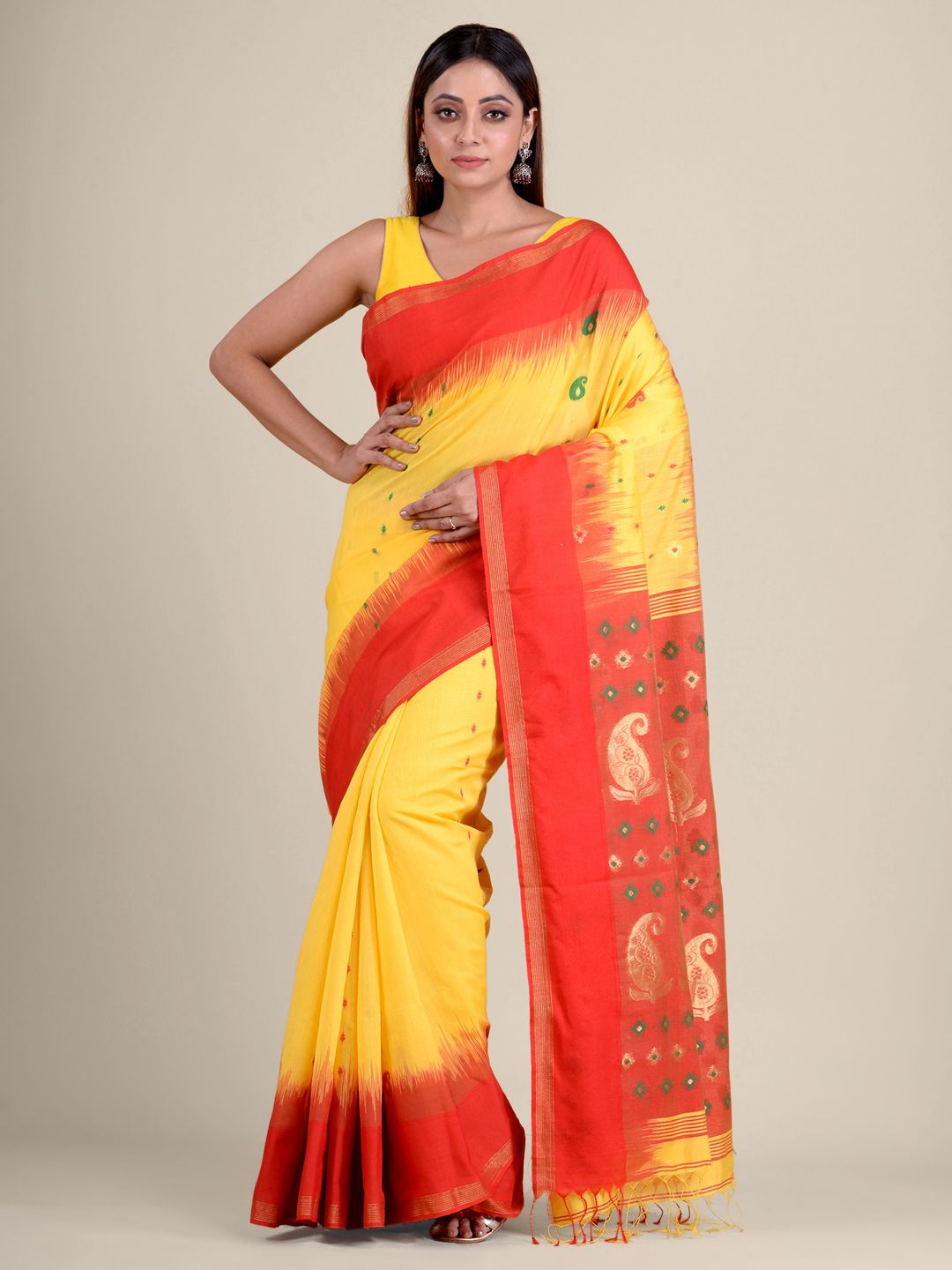 Yellow hand woven soft cotton saree with Red pallu