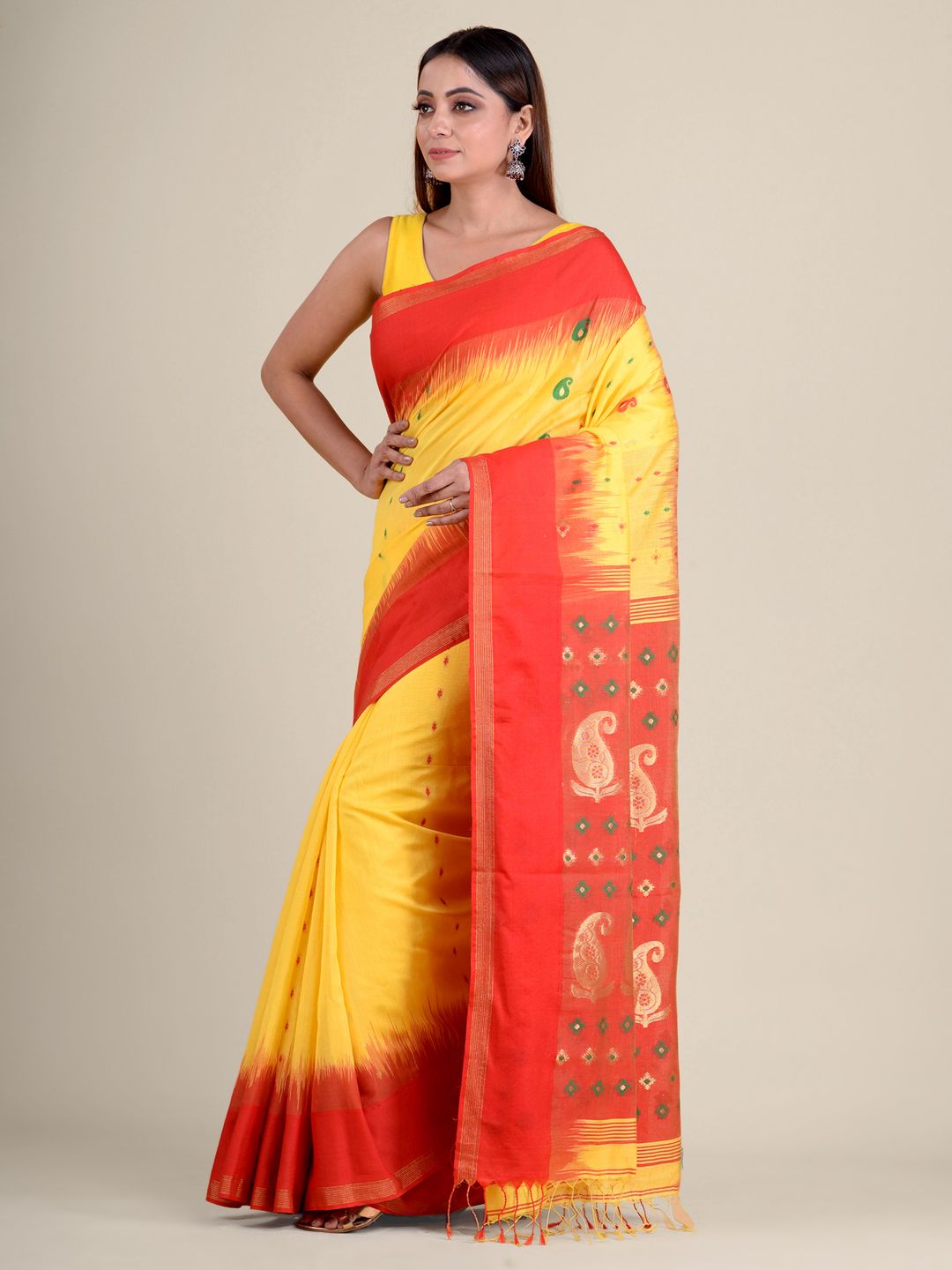 Yellow hand woven soft cotton saree with Red pallu