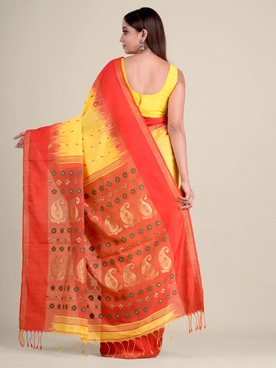 Yellow hand woven soft cotton saree with Red pallu