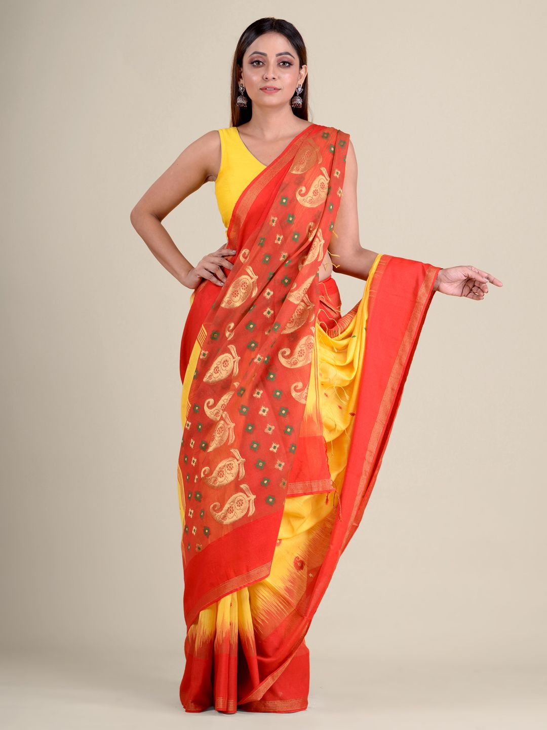 Yellow hand woven soft cotton saree with Red pallu