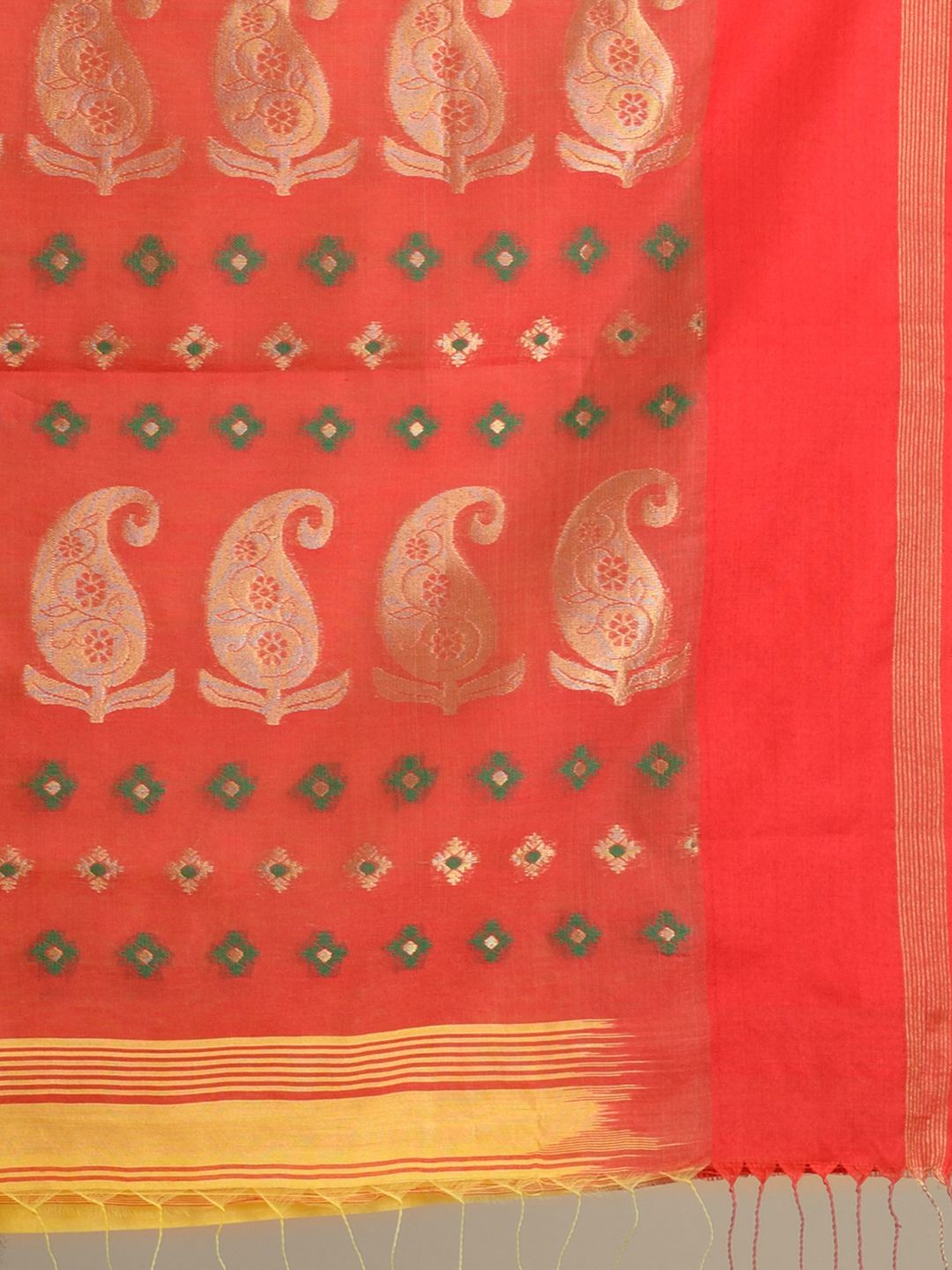 Yellow hand woven soft cotton saree with Red pallu