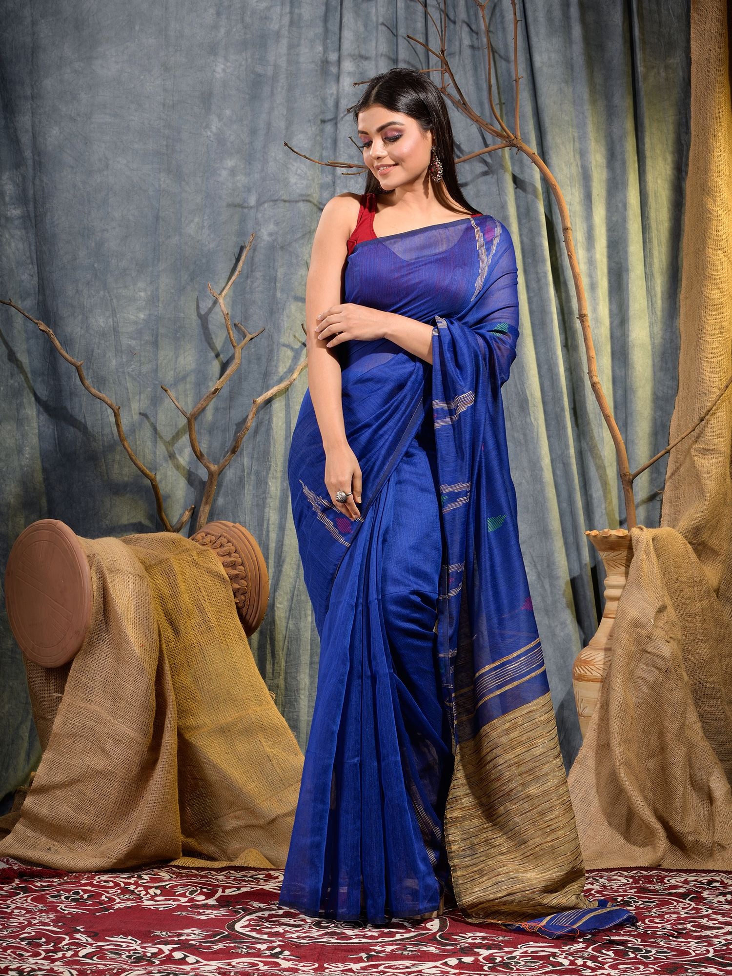 Blue Blended Cotton handwoven saree