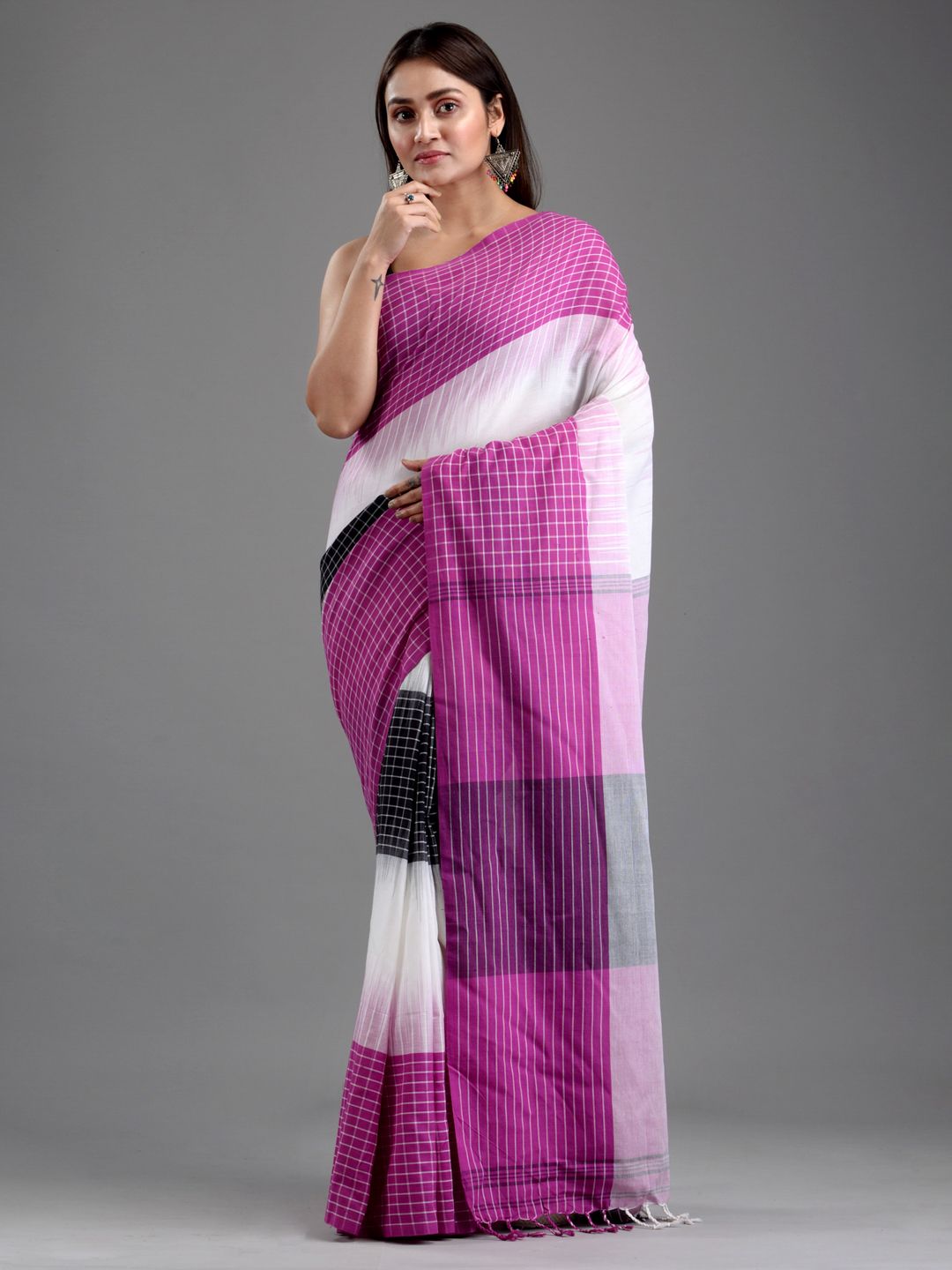 SAJASAJO PURE COTTON TRICOLOR BENGAL HANDLOOM SAREE