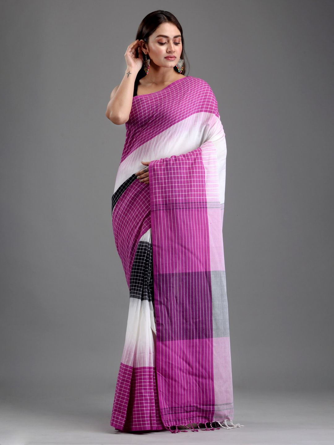 SAJASAJO PURE COTTON TRICOLOR BENGAL HANDLOOM SAREE