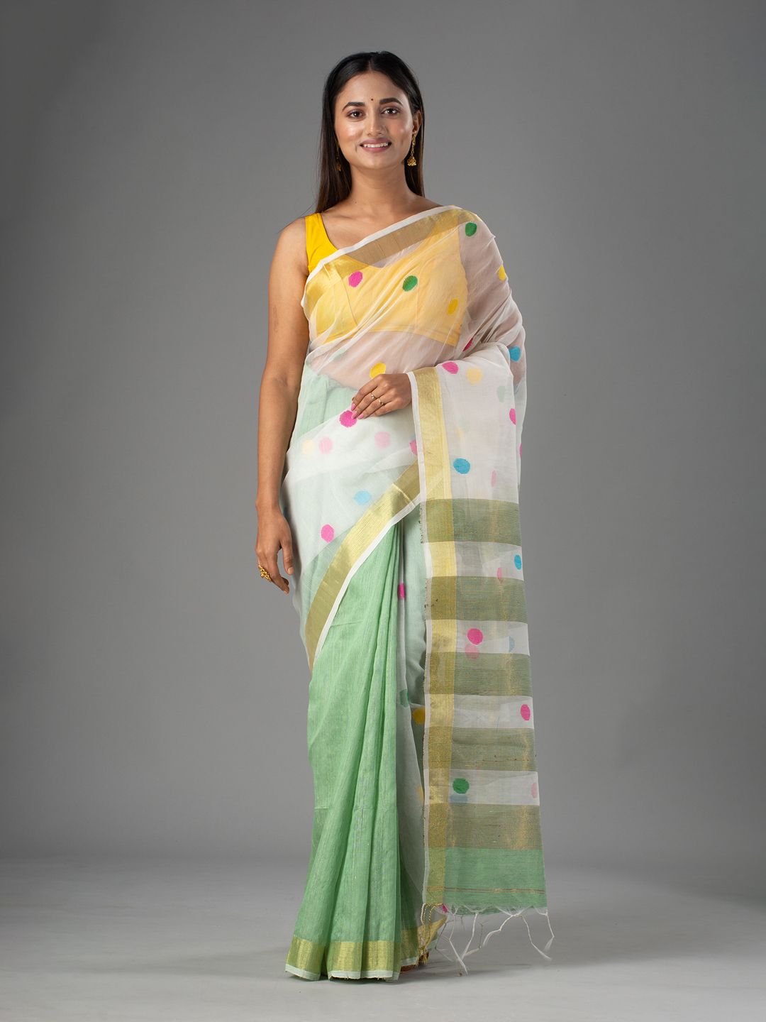 RESHAM AND MATKA BENGAL HAND WOVEN POLKA DOTS SAREE