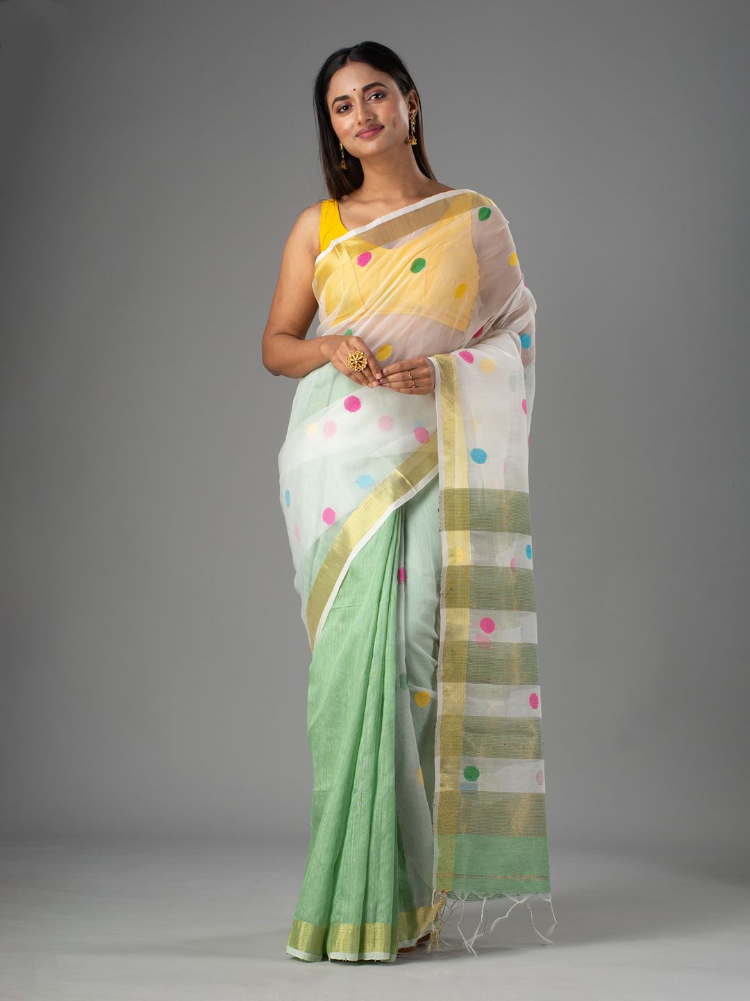 RESHAM AND MATKA BENGAL HAND WOVEN POLKA DOTS SAREE