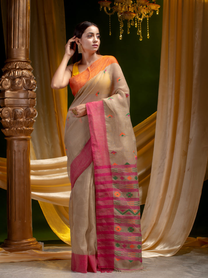 Pure Linen Hand Woven Dhakai Pattern Saree